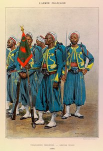 Typy a uniformy francouzské armády kapitána Julese Richarda, ilustrované Edouardem Detaillem (1848-1912): Native Tirailleurs in Great Outfit in 1886, Private Collection od Jean Baptiste Edouard Detaille