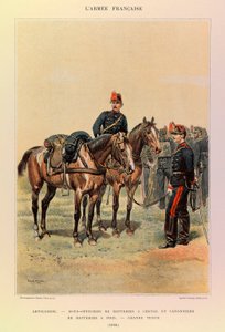 Typy a uniformy francouzské armády kapitána Julese Richarda, ilustroval Edouard Detaille (1848-1912): Dělostřelectvo: Poddůstojníci baterií na koních a dělostřelci baterií pěšky ve velkém oděvu v roce 1886, soukromá sbírka od Jean Baptiste Edouard Detaille