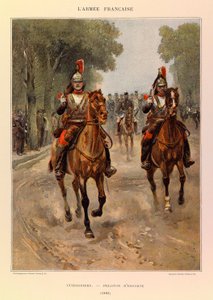 Typy a uniformy francouzské armády kapitána Julese Richarda, ilustrované Edouardem Detaillem (1848-1912): Kyrysníci: Eskortní četa v roce 1885, soukromá sbírka od Jean Baptiste Edouard Detaille