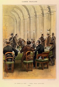 Typy a uniformy francouzské armády kapitána Julese Richarda, ilustrované Edouardem Detaillem (1848-1912): Losování v Paříži, Salle Saint Jean v roce 1887, Soukromá sbírka od Jean Baptiste Edouard Detaille