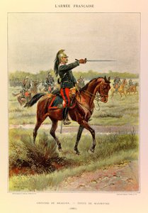 Typy a uniformy francouzské armády kapitána Julese Richarda, ilustrované Edouardem Detaillem (1848-1912): Důstojník draků v manévrovém obleku v roce 1885, soukromá sbírka od Jean Baptiste Edouard Detaille