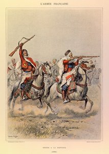 Typy a uniformy francouzské armády kapitána Julese Richarda, ilustrované Edouardem Detaillem (1848-1912): Spahis a la Fantasia v roce 1886, soukromá sbírka od Jean Baptiste Edouard Detaille