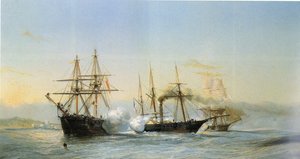 Námořní bitva před marockým pobřežím mezi dvěma marockými brigami a francouzskou kolovou korvetou při příležitosti bombardování Mogadoru francouzskou eskadrou v roce 1844.