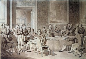 Vídeňský kongres (1814-1815) po Pařížské smlouvě v roce 1814. Znovu sjednotil osm světových mocností a snažil se nově definovat hranice po pádu říše Napoleona I. Alexandra I., cara Ruska; H. R. Stewart, Castlereagh; František Josef I.,