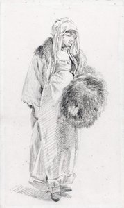 Ruská žena s kožešinovým rukávcem par Le Prince, Jean-Baptiste (1734-1781), Mezi 1758 a 1761 - Černá křída na papíře, 22,9x13,8 - Soukromá sbírka