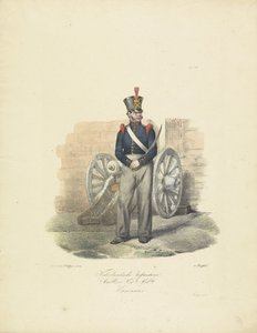 Střelec, 1820-1825 Nederlandsche Infanterie Artillerie Nat.le Mil.tie Kanonnier (název na objektu) Vojenské kostýmy Nizozemského království. Věnováno Jeho Excelenci Willemu van Bylandtovi (název série na objektu)