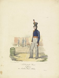 Důstojník dělostřelectva, 1820-1825 Nederlandsche Armée Officier der Artillerie Nat.le Militie (název na objektu) Vojenské kostýmy Nizozemského království. Věnováno Jeho Excelenci Willemu van Bylandtovi (název série na objektu)