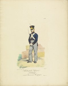 Posádková rota vojáků, 1820-1825 Holandský pěchotní voják Posádkové roty (titul na předmětu) Vojenské kostýmy Nizozemského království. Věnováno Jeho Excelenci Willemu van Bylandtovi (název série na objektu)