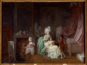 Rodinný účes v soukromí ložnice, matka zahřívá dceru, která si čte. Další si hraje se psem. Obraz Jean Baptiste Mallet (1759-1835) Paříž 18. století, dekorativní umění