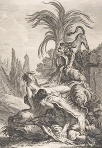 Vyděšená Naiad Rozcuchaná Naiad zděšeně ucukne při pohledu na lva, ca. 1740, od Jean Baptiste Marie Pierre