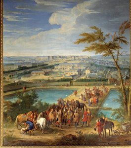 Pohled na město a zámek Versailles z kopce montbauron, Ludvík XIV. (1638-1715) a Francois Michel le Tellier, markýz de Louvois návštěva nových nádrží Obraz Jean-Baptiste Martina (staršího) (1659-1735) ) 17. století ne. 2, od Jean Baptiste Martin