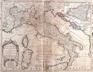 Mapa Itálie s Korsikou, Sardinií a Sicílií (rytina
