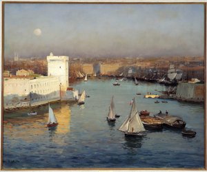 Pohled na starý přístav Marseille z malby Pharo od Jean Baptiste Olive (1848-1936) Rozm. 50x73 cm Povinná zmínka: Kolekce zakládání pozdravů de provence, Marseille od Jean Baptiste Olive