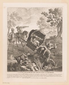 Nosič s koňmi padá do vody La Rancune en brancart abbatu dans le bourbier (název na objektu) Scény ze Scarronova Roman Comique (název série) od Jean Baptiste Oudry