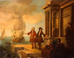 Evropa – Evropští obchodníci s dopravci manipulujícími se sudem a balíkem na hrázi, 1724 od Jean Baptiste Oudry