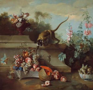 Stillleben mit Affe, Früchten und Blumen von Jean Baptiste Oudry