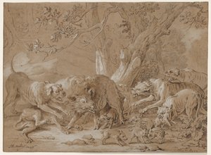 Divoká prasnice a její mládě napadené psy od Jean-Baptiste Oudry