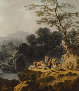Krajina v údolí řeky s pastevci a cestovateli od Jean Baptiste Pillement