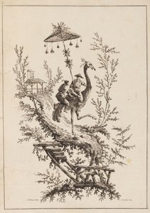 Pštrosí jezdci, talíř ze sady reprezentací Chinoiserie od Jean Baptiste Pillement