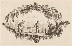 Tři figurky hrající si s míčem, ze „Sbírka několika čínských dětských her“ od Jean Baptiste Pillement