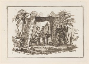 Ženy při pohledu do zrcadla, z „Nového zápisníku šesti listů různých historických čínských předmětů“ od Jean Baptiste Pillement