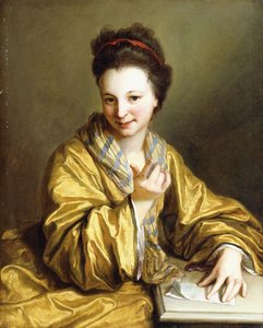 Mladá dáma ve žlutém rouchu, sedící u stolu, vábící, 1703 od Jean Baptiste Santerre