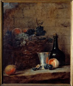 Košík bílých a černých hroznů, stříbrný pohár a láhev Malba Jean Baptiste Simeon Chardin (1699-1779) 18. století Sun. 0,69x0,58 m od Jean Baptiste Simeon Chardin