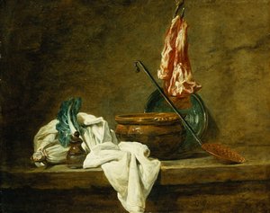 Řepa, krabička na koření, utěrka, hrnec, glazovaný kameninový talíř, skimmer, s masem na háku, na římse, 1734 od Jean Baptiste Simeon Chardin