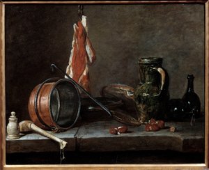 Tučné menu a kuchyňské náčiní. Stálý život. Obraz Jean Baptiste Simeon Chardin (1699-1779) od Jean Baptiste Simeon Chardin