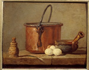 Kuchyňské náčiní, kotlík, poelon a vejce Obraz Jean baptiste Simeon Chardin (1699-1779) 18. století Sun. 0,21 x 0,17 m od Jean Baptiste Simeon Chardin