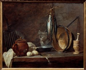 Nabídka libového a kuchyňského náčiní. Stálý život. Obraz Jean Baptiste Simeon Chardin (1699-1779) od Jean Baptiste Simeon Chardin