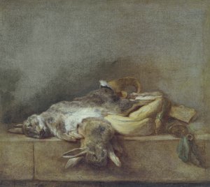Zátiší s králíky, brašna a roh na prach, kolem roku 1755 od Jean Baptiste Simeon Chardin
