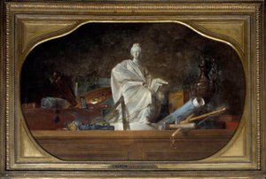 Atributy umění Alegorie umění se sochařskými nástroji, soška. Obraz Jean Baptiste Simeon Chardin (1699-1779) 1765 Ne. 0,91 x 1,45 m od Jean Baptiste Simeon Chardin