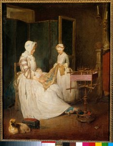 Pracující matka Matka pomáhala tím, že její dcera vyšívala a používala čeder. Obraz Jean Baptiste Simeon Chardin (1699-1779) 18. století Sun. 0,4x0,39 m od Jean Baptiste Simeon Chardin