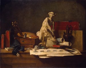 Francouzština:  Nature morte avec des attributs des Arts Zátiší s atributy umění od Jean-Baptiste Simeon Chardin