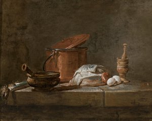 Pórek, kastrol s utěrkou, měděný hrnec a poklička, cibule a vejce s tloukem a hmoždířem, na kamenné římse. od Jean-Baptiste Simeon Chardin