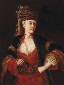 Dáma, tříčtvrteční, v orientálním kostýmu od Jean Baptiste Vanmour