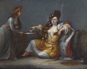 ""Sultana si bere kávu"" (Sultana si bere kávu) Obraz ze školy Jeana Baptista (Jean-Baptiste) Vanmour (Van Mour) (1671-1737) Soukromá sbírka od Jean Baptiste Vanmour