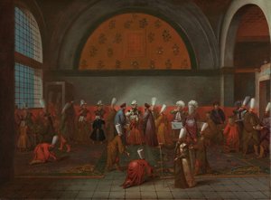 Jídlo na počest velvyslance Cornelise Calkoena Jídlo předané velvyslanci Cornelis Calkoen velkovezírem jménem sultána Ahmeda III., 14. září 1727 od Jean Baptiste Vanmour