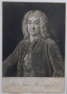 Portrét Johna Jamese Heideggera (1666-1749), švýcarského impresária v Londýně, vyryl John Faber (1684-1756), 1749