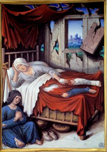 Smrt chudáka. Žena u lůžka umírajícího muže, modlete se. Obraz Jeana Bourdichona (v. 1457-1521)