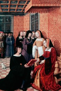 Básník Jean Marot (1450-1526) předal své dílo Plavba do Janova Anně Bretaňské (1477-1514), cca 1508, miniatura Jeana Bourdichona (1457-1521). Francie od Jean Bourdichon