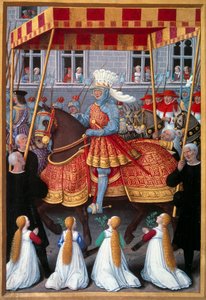 Triumfální vstup krále Ludvíka XII. (1462-1515) do Genes v dubnu 1507 Miniatura pořízená z „Le voyage a Genes““ od Jeana Marota (1450-1526) osvíceného Jeanem Bourdichonem (1457-1521) 1508. Paříž, B.N.