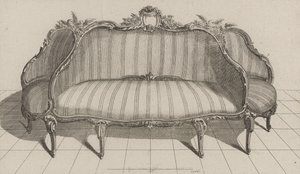 Sofa à Jouë v malebném stylu, vydaná v polovině 70. let 18. století (rytina na položený papír) od Jean Charles (after) Delafosse
