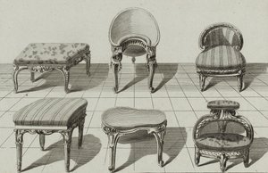 Stoličky, záchodové bidety, podnožka, publikováno v polovině 70. let 18. století (rytina na položený papír) od Jean Charles (after) Delafosse