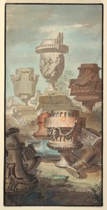Kresba, Ruin Fantasy: Vázy a urny, 1770 od Jean Charles Delafosse