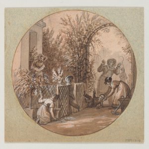 Návrh pro malovaný porcelánový talíř, zahradní scéna ze služby Service de la Culture des Fleurs (Služba pěstování květin) od Jean Charles Develly