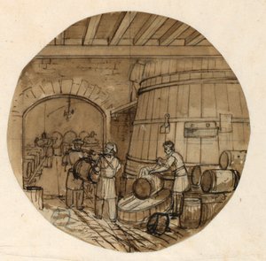 Kresba, návrh malovaného porcelánového talíře, interiér vinného lihovaru, 1831-44