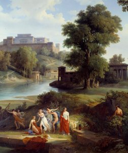 Odyssea z Homéra: „“ Ulysses vidí Nausicau, dceru krále Alcinoose, jak hraje míč se svými stoupenci““ Detail. Obraz Jeana Charlese Remonda (1795-1875) 1830 Nantes, Musee des Beaux Arts