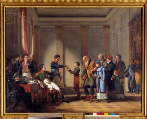 Charita císaře Napoleona I. (1769-1821) během polského tažení v lednu 1807: Císař dává Nerockimu penzi ve výši sta napoleonů, věk 117 let Obraz John Charles Tardieu (1765-1830) 19. století ne. 1,15x1,46 m - Benevolentní akt Emp